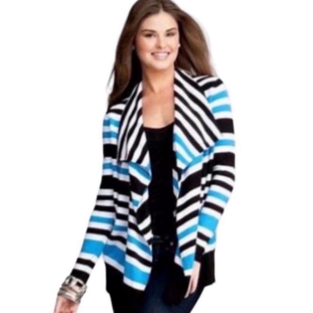 NEW Bebe Black White and Aqua Blue Stripe Open Cardigan Knit Sweater Size Small